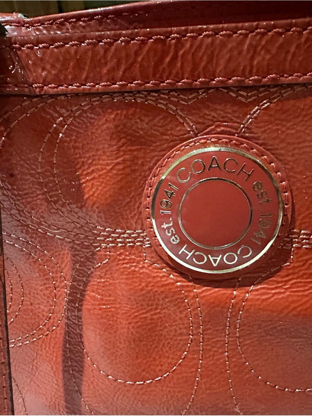 Coach Red Signature Leather Shoulder Bag with Logo Medallion